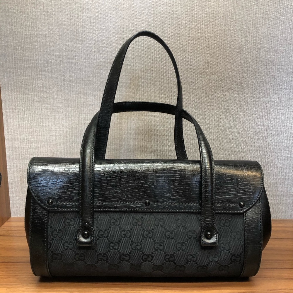 Gucci Black GG Canvas Leather Bamboo Bullet Bag - Picture 6 of 8